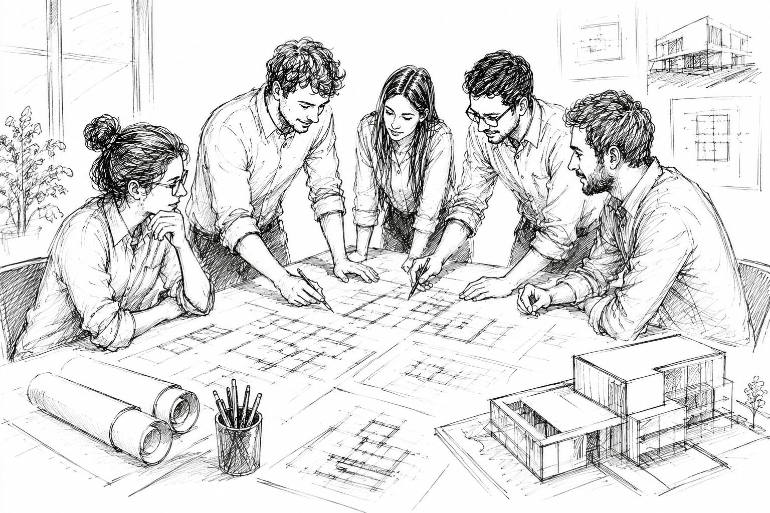 Illustration eines Teams bei der gemeinsamen Projektplanung